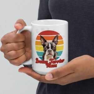 boston terrier mom gift mug with retro sunset watercolor design
