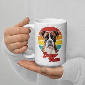boxer mom gift mug with retro sunset watercolor design