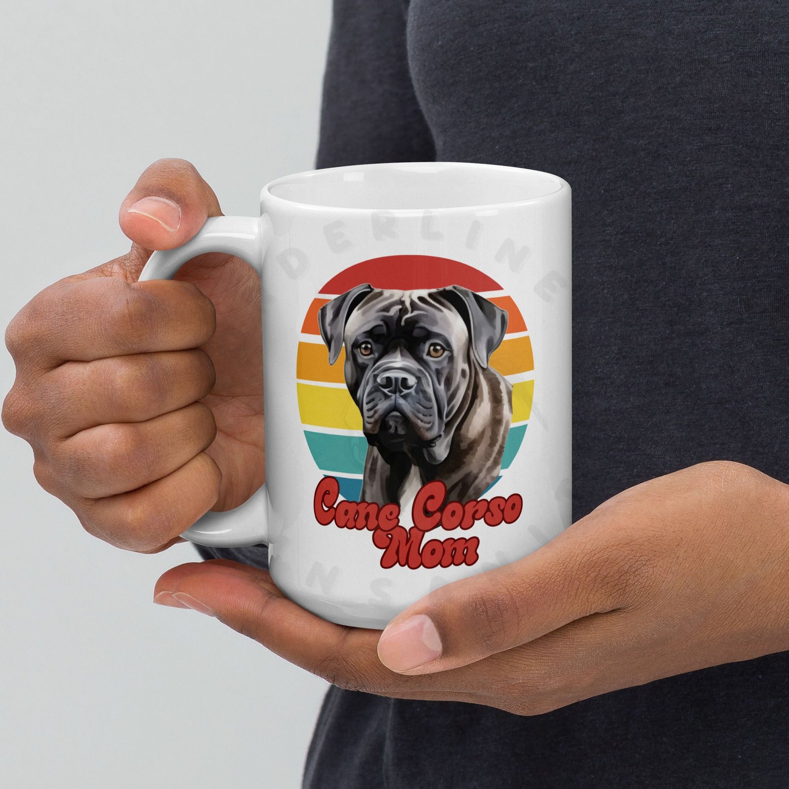 cane corso mom gift mug with retro sunset watercolor design