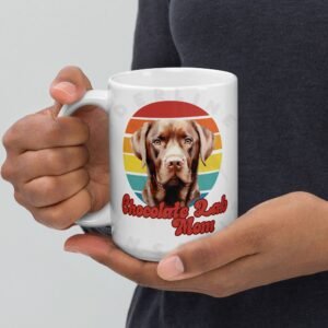 chocolate lab mom gift mug with retro sunset watercolor design