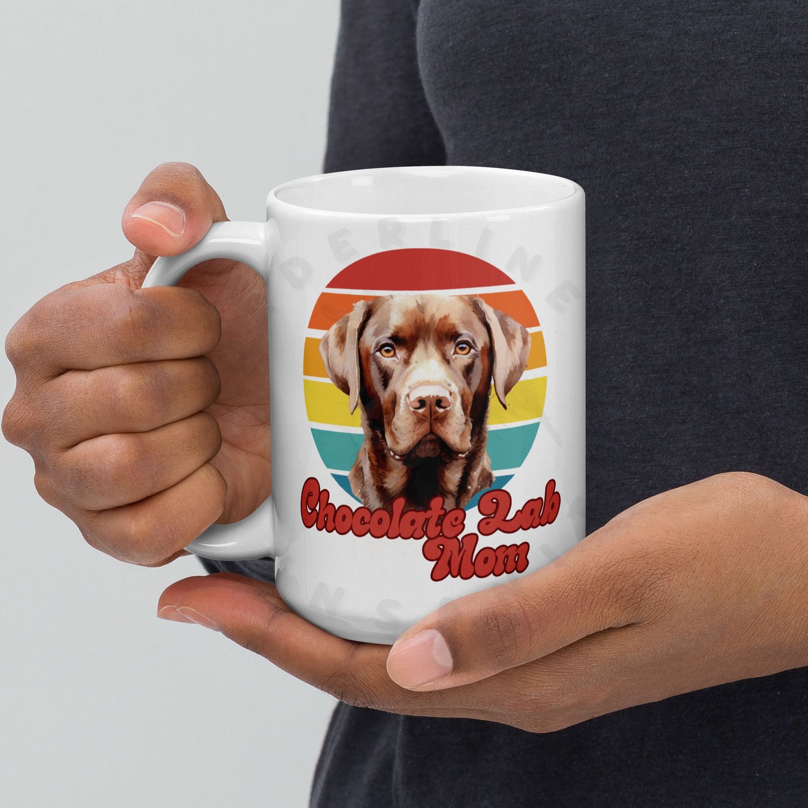 chocolate lab mom gift mug with retro sunset watercolor design