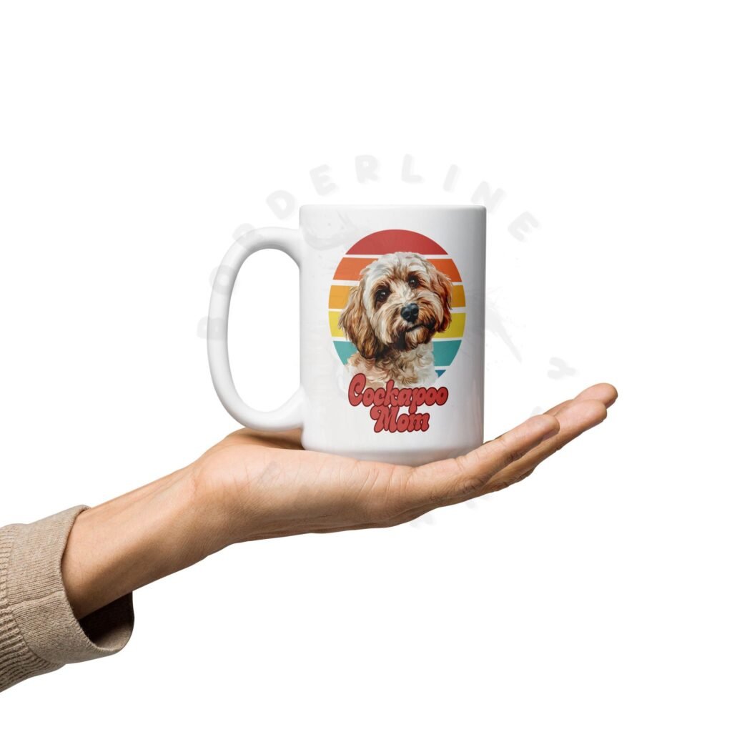 cockapoo mom gift mug with retro sunset watercolor design