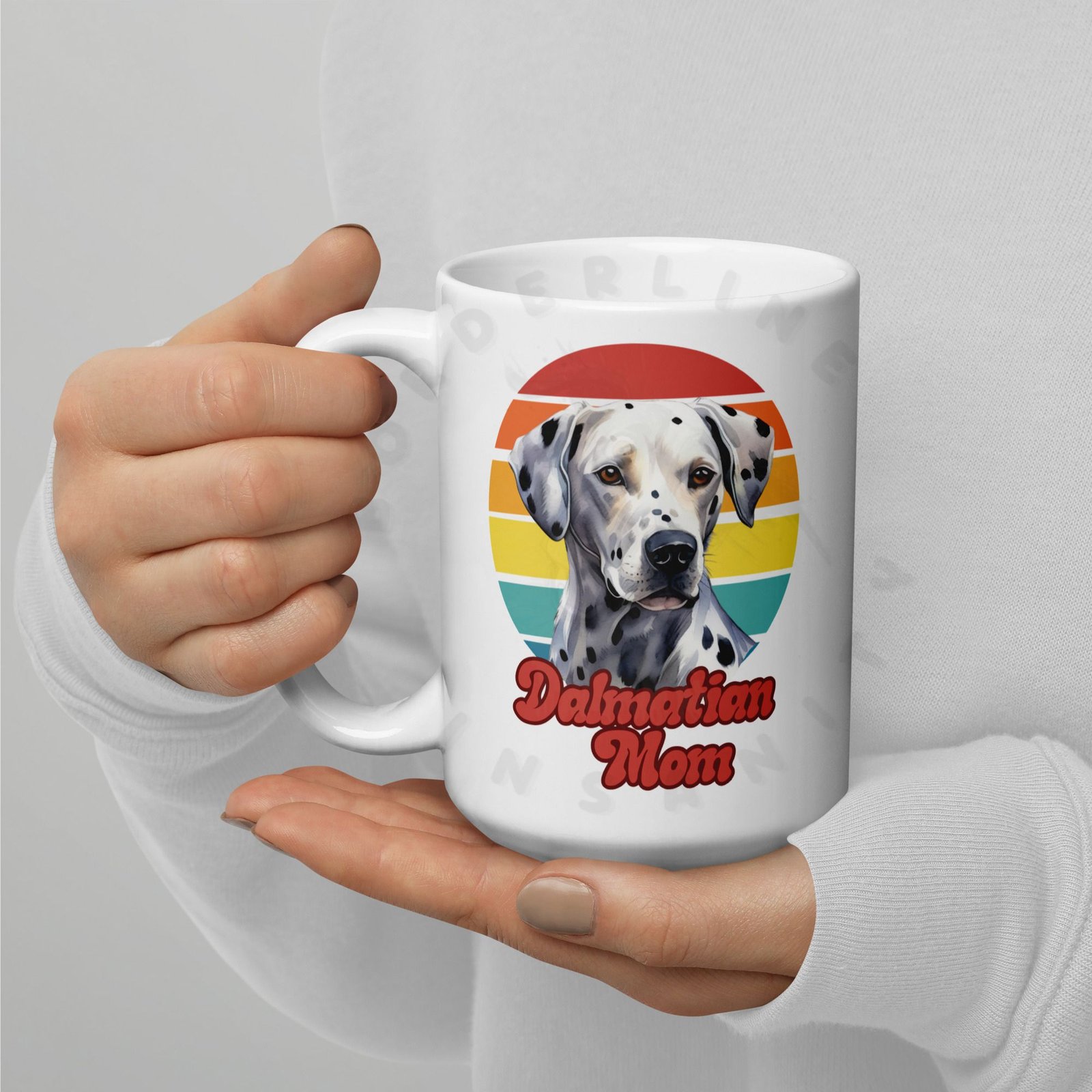 dalmatian mom gift mug with retro sunset watercolor design