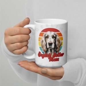 english setter mom gift mug with retro sunset watercolor design