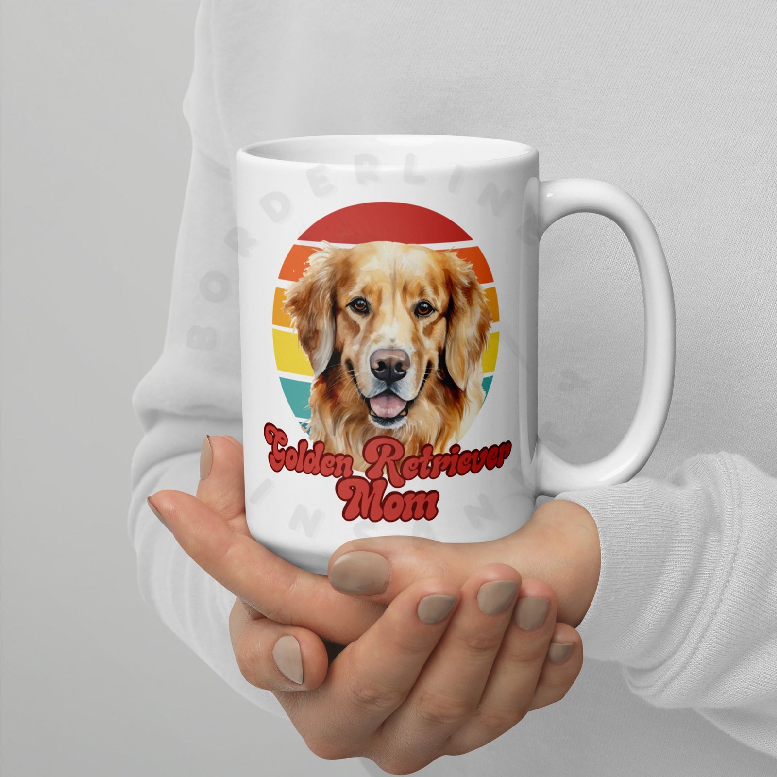 golden retriever mom gift mug with retro sunset watercolor design