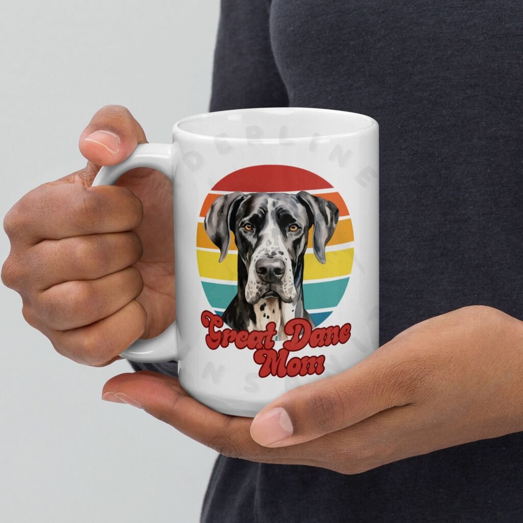 great dane mom gift mug with retro sunset watercolor design