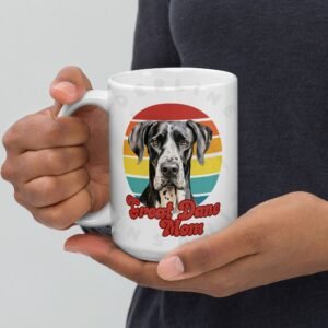 great dane mom gift mug with retro sunset watercolor design