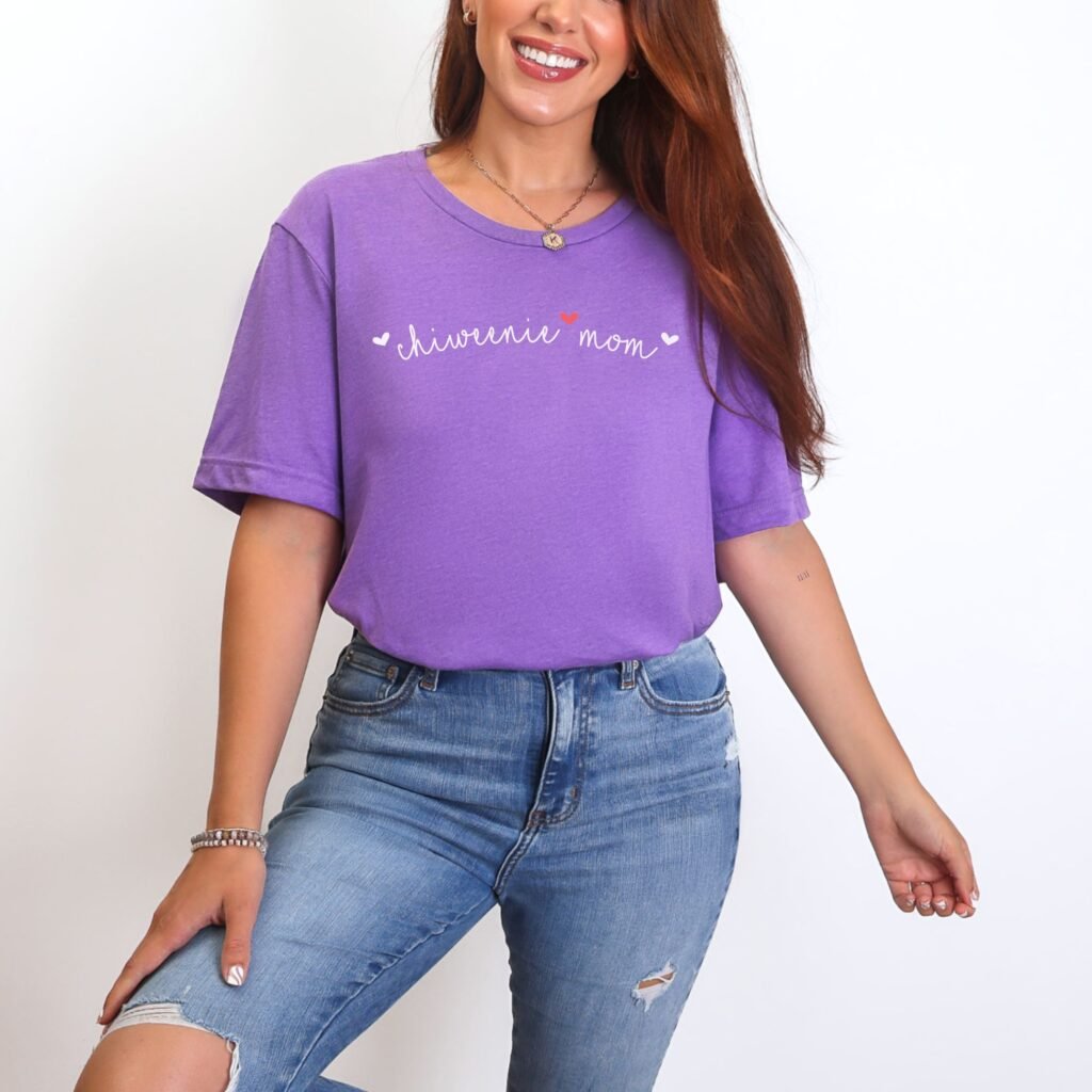 chiweenie mom wearing cursive hearts tee, dog mom shirt