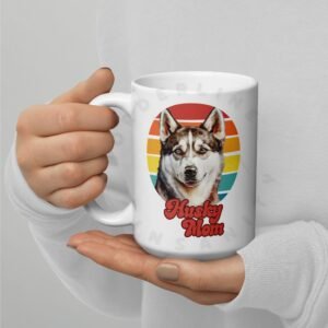 husky mom gift mug with retro sunset watercolor design