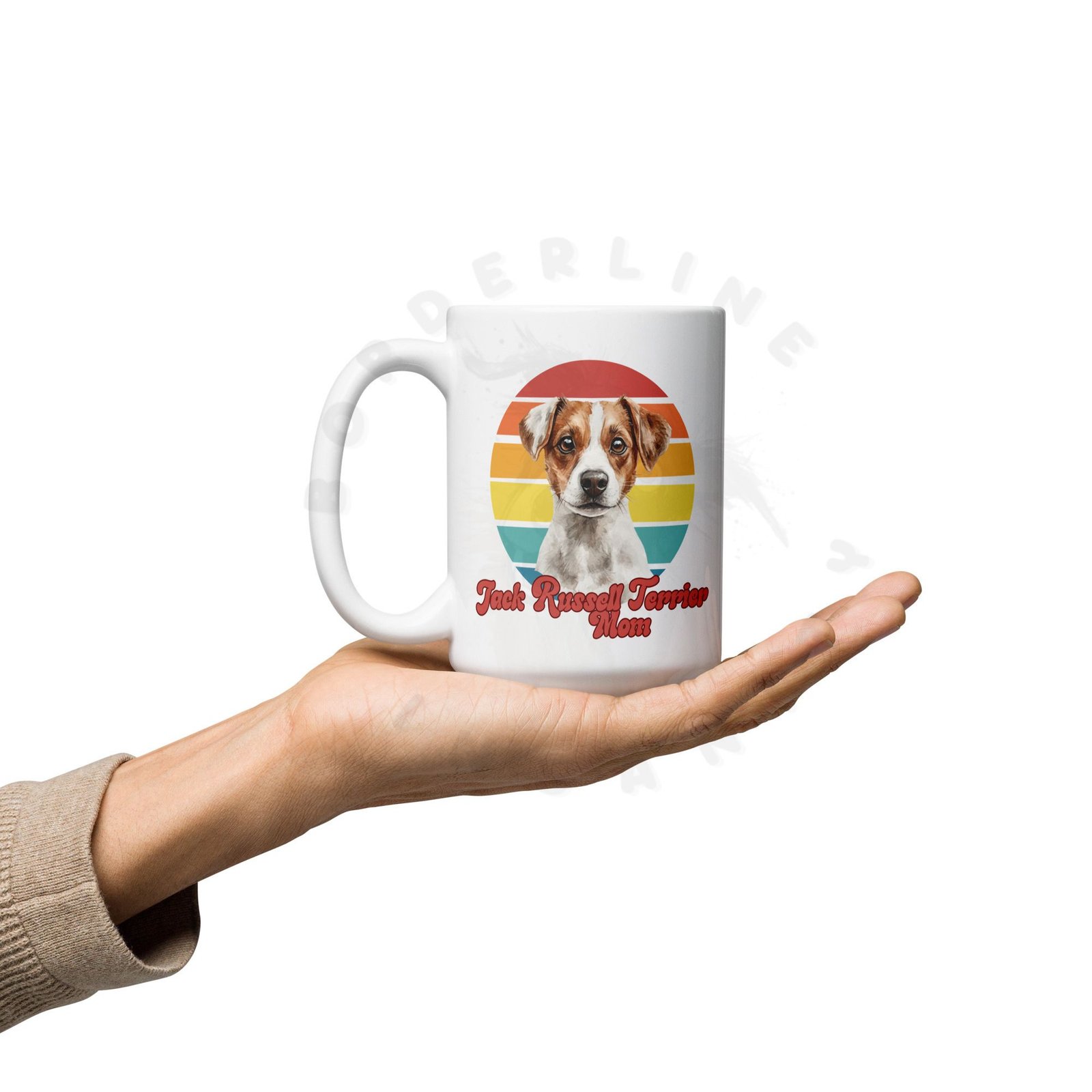 jack russell terrier mom gift mug with retro sunset watercolor design