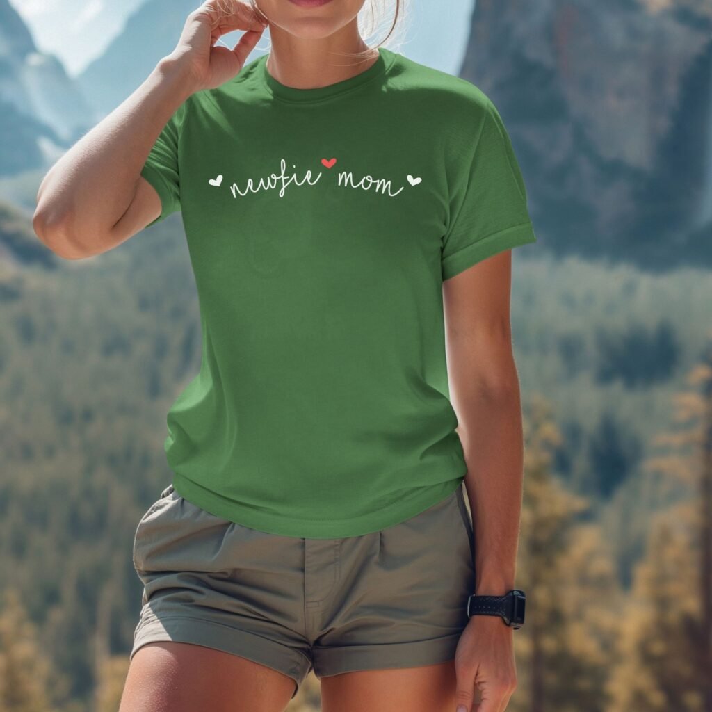 newfie mom wearing cursive hearts tee, dog mom shirt