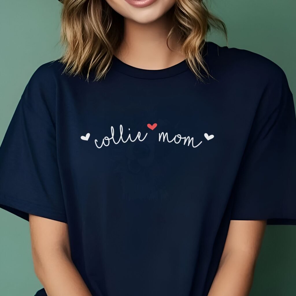 collie mom wearing cursive hearts tee, dog mom shirt