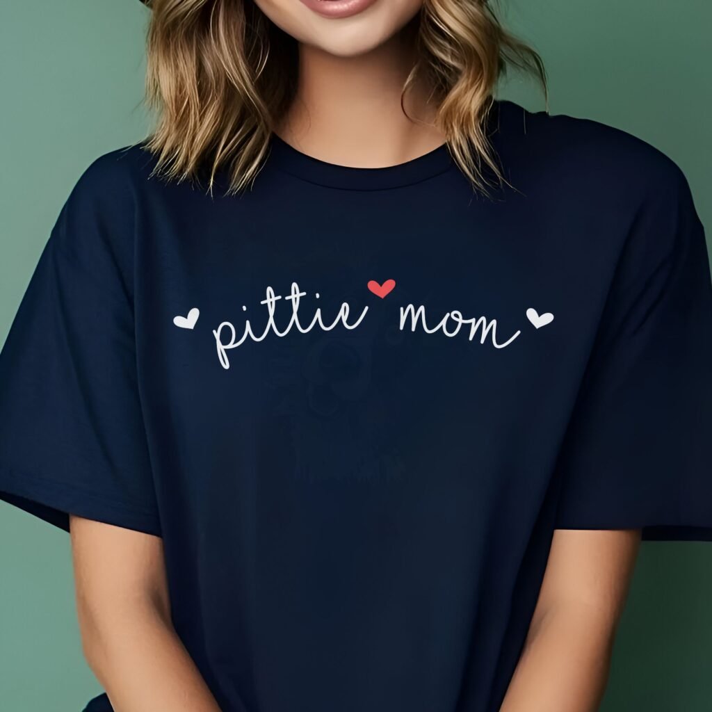 pittie mom wearing cursive hearts tee, dog mom shirt