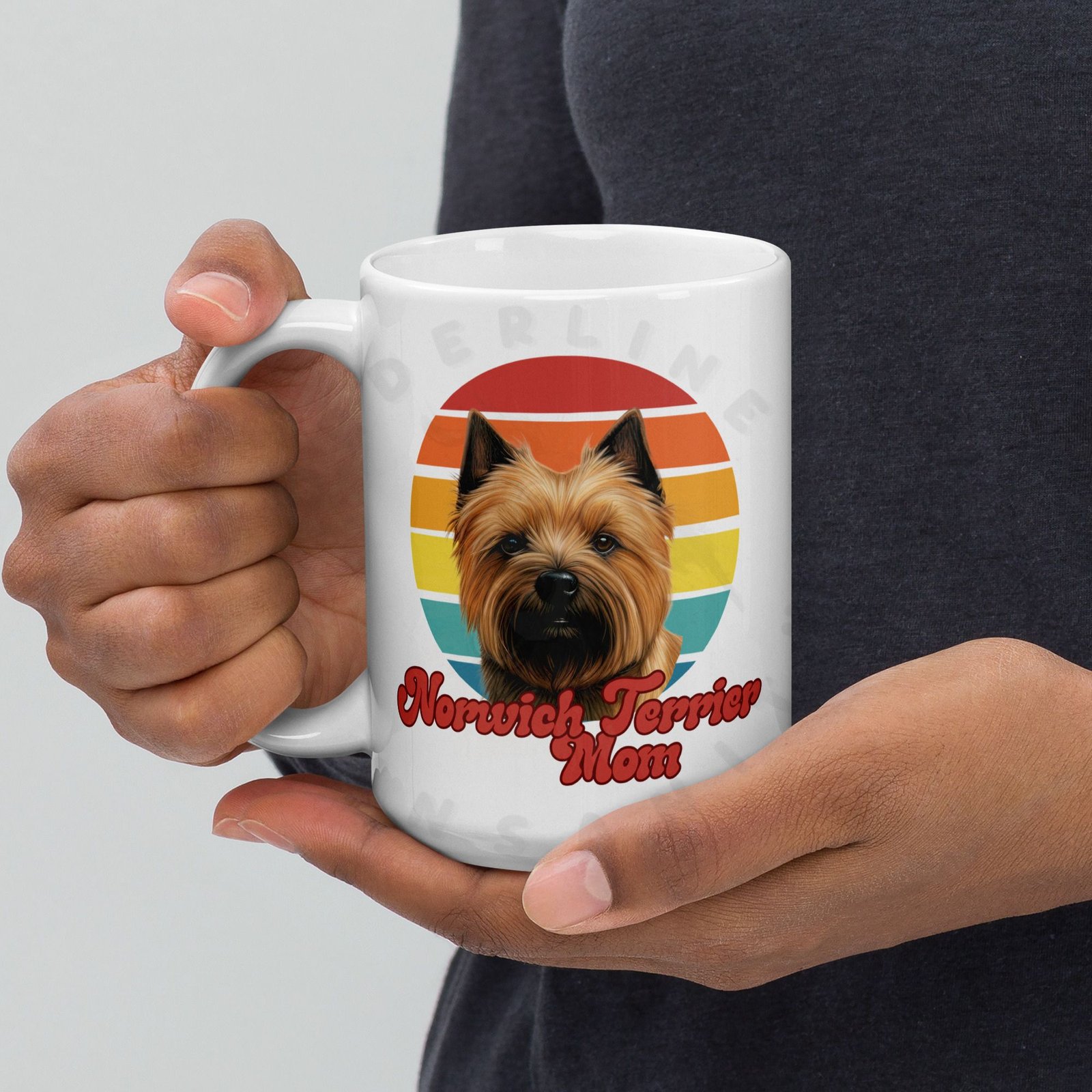 norwich terrier mom gift mug with retro sunset watercolor design