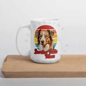 red merle border collie mom watercolor portrait mug retro vintage style